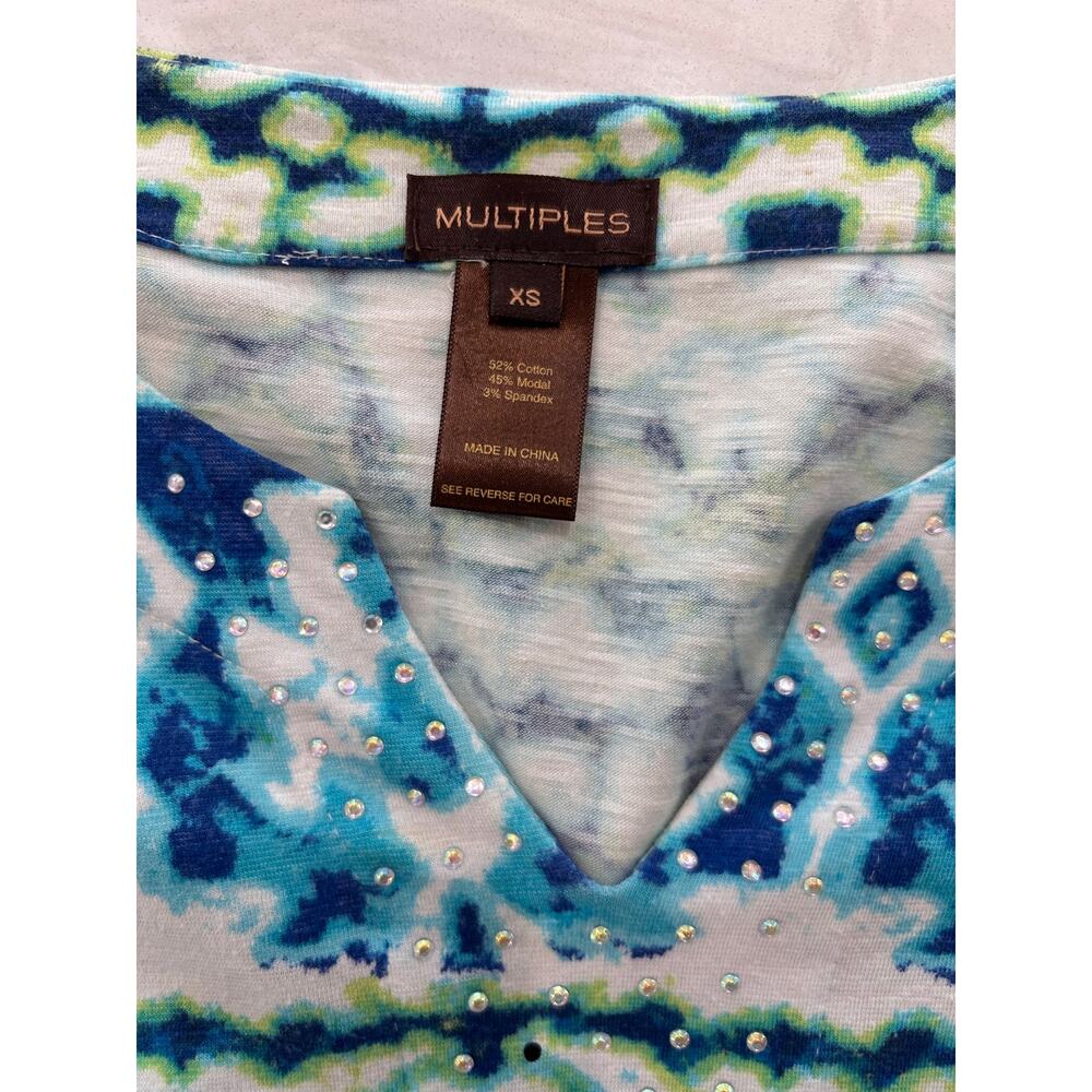 Cotton blend tunic top, Multiples brand, ikat print embellished neckline XSmall - Picture 5 of 11